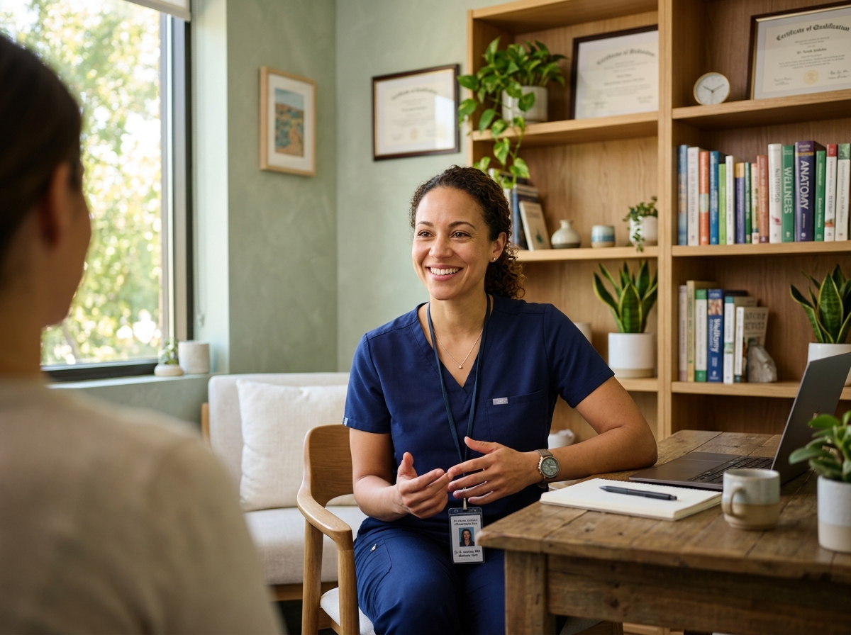 Compassionate healthcare provider in a welcoming clinical wellness consultation room